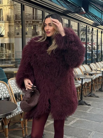 christmas outfit Sonicelife Women's Fashion Wine Red Furry Faux Fur Warm Coat 2024 New Thicken Fluffy Plush Loose Trendy Jacket Winter Chic Lady Outerwear