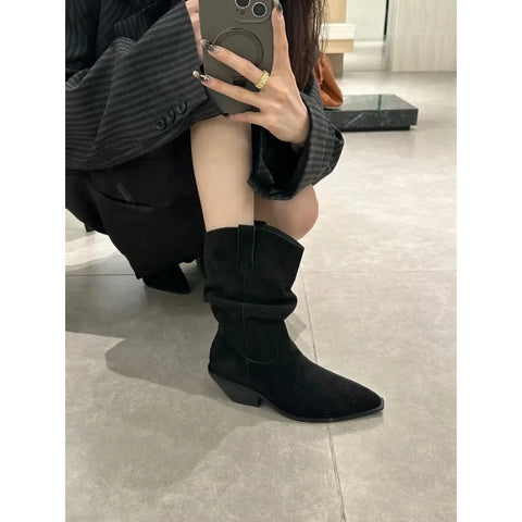 Sonicelife 2025  New Western Boots Flock Falt Mid Heels Black Brown Winter Short Boots Woman Chelsea Boots