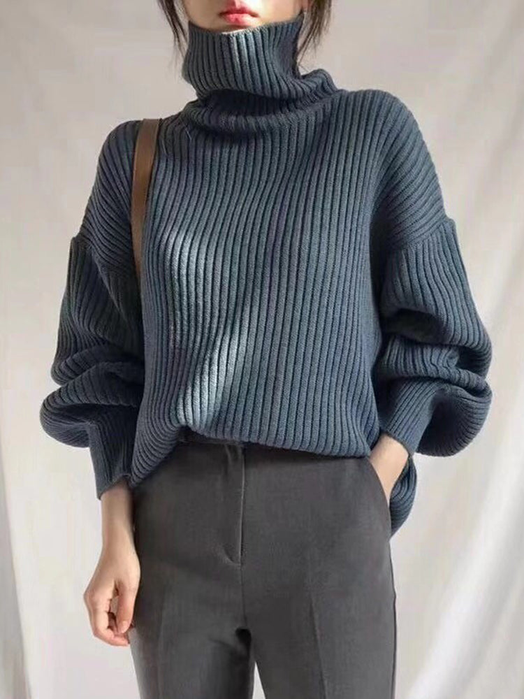 Sonicelife Korean Simple Turtleneck Sweaters Women Lazy Wind Loose Long Sleeve Office Lady Knitted Pullovers Solid Vintage Autumn Tops