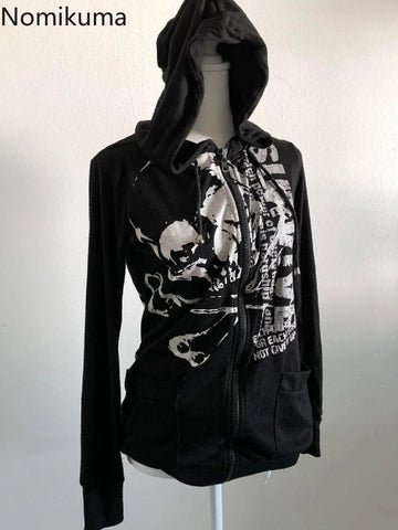 Sonicelife Streetwear BF Graffiti Hoodie 2025 Women's Clothing Vintage Fashion Causal Coats Y2k Tops Hooded Zipper Skull Korean Sweatshirts