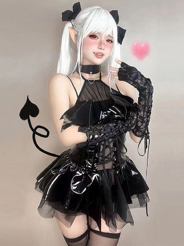Sonicelife Sexy Cosplay Pu Dress Women Harajuku Streetwear Grunge Bandage Hollow Out Bats Dress Punk Y2k E-girl Mall Gothic Clothes