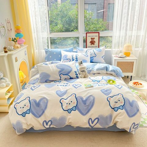 Sonicelife Kawaii Kids Bedding Set Soft Cotton Flat Fitted Sheet Duvet Cover Pillowcases Single Queen Cartoon Boy Girls Dormitory Bed Linen