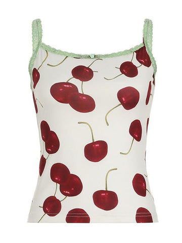 Sonicelife Lace Trim Cherry Print Contrast Tank Top