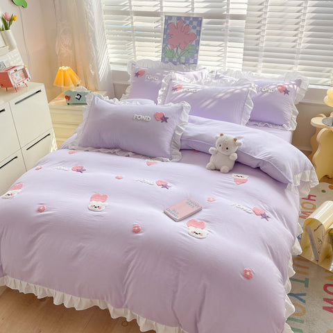 Sonicelife Kawaii Princess Bedding Set with White Ruffles Korean Style Girls Single Full Duvet Cover No Filling Flat Sheet Pillowcases Kit