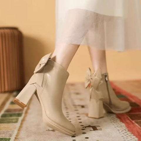 Sonicelife 2025  New Round Toe Square Heel Bow Decoration Fashion Women's Shoes Elegant Wear-resistant Casual Comfortable Short Boots
