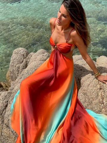 Sonicelife Sexy Print Colorful Hollow Out Pleat Maxi Dress Women Fashion Open Back Sling A-line Robes 2025 New Holiday Lady Summer Dresses