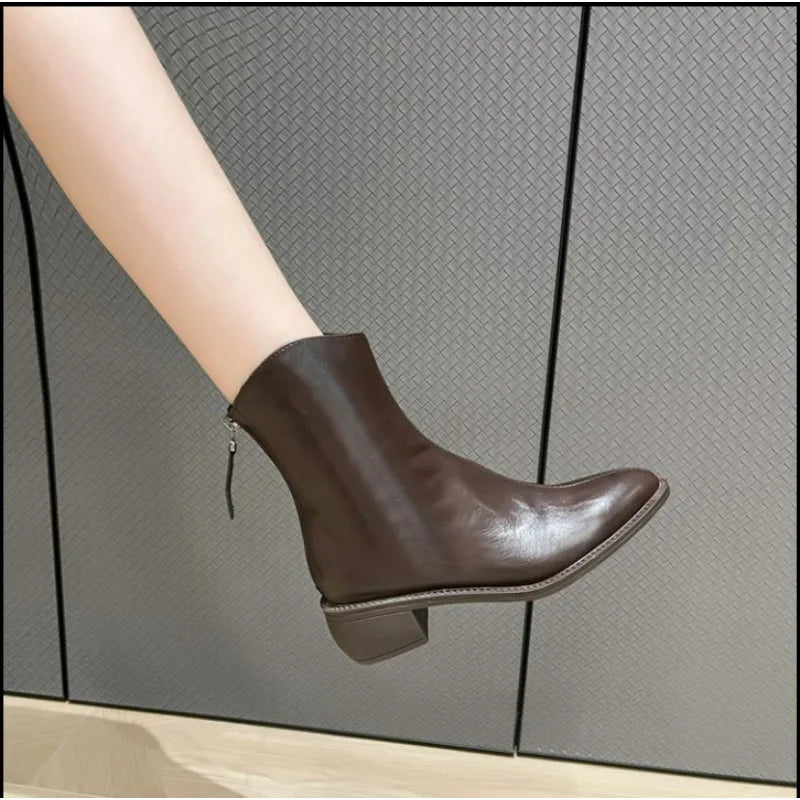 Sonicelife 2025  Winter Black Leather Botas Back Zipper Ankle Boots Pointed Toe Women Shoes White Chunky Heels Brown Zapatillas De Mujer