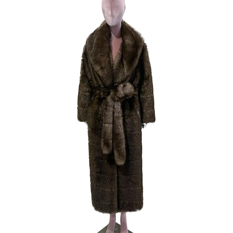 christmas outfit Sonicelife Winter Elegant Long Thick Warm Striped Fluffy Brown Faux Sable Fur Coat Women Shawl Collar Sashes Furry Overcoat