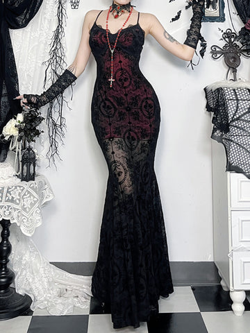 Sonicelife Vintage Dark Gothic Dress Women Sexy Streetwear Elegant Aesthetic Y2k Emo Spaghetti Strap Cross Flocking Dress Clubwear