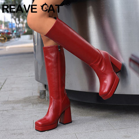 thanksgiving outfit Sonicelife Women Knee High Boots Toe Block Heels 10cm Platform 2.5cm Big Size 43 Concise Female Bota