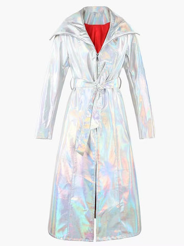 christmas outfit Sonicelife Spring Long Shiny Reflective Holographic Silver Faux Leather Trench Coat for Women with Hood Zip Up Y2K Streetwear