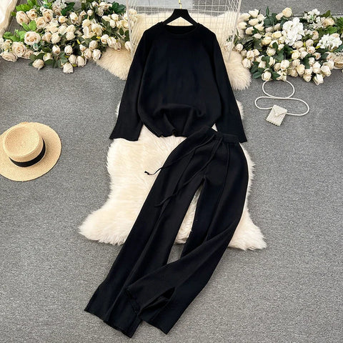 Sonicelife Set Autumn Winter Women Knitted Loose 2 Piece Sets Long Sleeve O-Neck Sweater and Wide Leg Pants Outfit Casual Office