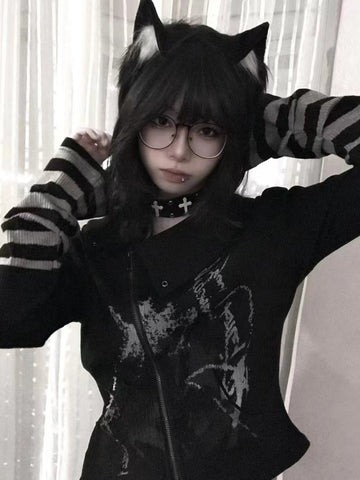 Sonicelife Gothic Harajuku Print Zipper Cardigan T-shirt Women Vintage Slim Grunge Fashion Patchwork Top Women Y2k Aesthetic Streetwear Tee