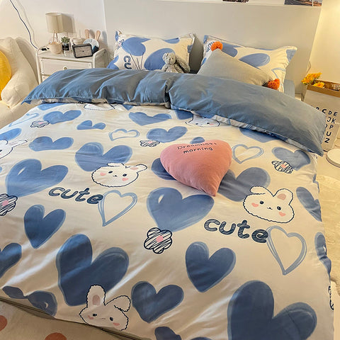 Sonicelife Rabbit Bedding Set Cute Sweetheart Spring Soft Flat Sheet Duvet Cover Pillowcase Single Double Queen Size Bed Linen