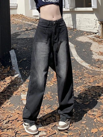 Sonicelife Vintage Jeans Women Y2K High Street Loose High Waist Wide Leg Denim Pants Korean Casual Streetwear Straight Denim Trousers