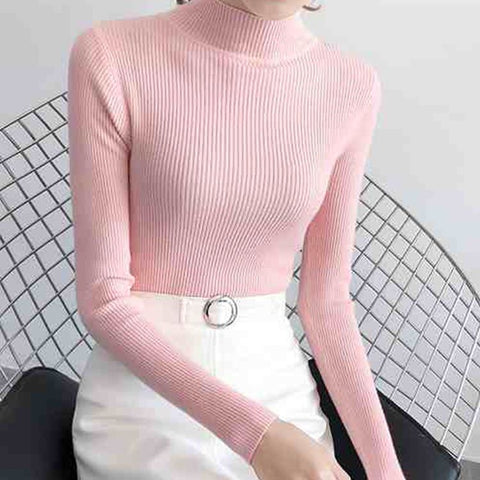 Sonicelife Mock Neck Women Sweater Vintage Basic Solid Knitted Tops Casual Slim Pullover Autumn Winter Korean Tops Simple Chic Jumpers