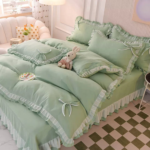 Sonicelife Green Bedding Sets Kawaii Seersucker Bed Sheet Pillowcase Fashion Girl Princess Duvet Cover 4 Pieces Cute Home Decoration