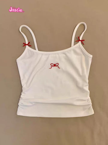Sonicelife Bow Embroidery White Sweet Women Camis With Plaid Bras Cotton Blend Chic Spicy Girls Y2K Tank Tops Tight Sexy Two Piece Crop Top