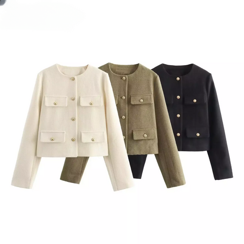 Sonicelife Women Fashion Autumn Winter Single-breasted Textured Round Neck Flip Pocket Short Jacket Coat Chic Ladies Tops Mujer