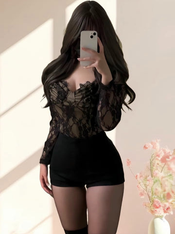 Sonicelife Women Sexy Slim Elegant Vintage Lace Tops + Office Lady High Waist Black Shorts 2025 Summer New 2 Piece Sets Korean Fashion Chic