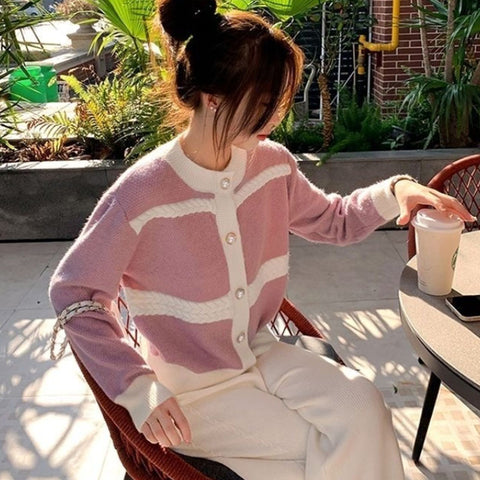 Sonicelife Elegant Buttons Purple Cardigan Sweaters Women Casual Lazy Wind Soft Sweet Knitted Coats Fashion Patchwork Lady O Neck Tops