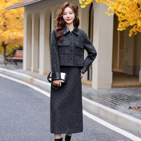 thanksgiving outfit Sonicelife Fashionable Casual Suit Autumn/Winter New PU Leather Patchwork Tweed Style Down Jacket Half Skirt 2-Piece Set Skirt YJ6816