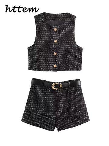 Sonicelife Fashion Tweed Vest Shorts Sets Women Slim Single Breasted Vests High Waist Short Pants With Belt 2024 Autumn Lady Elegant Outfit
