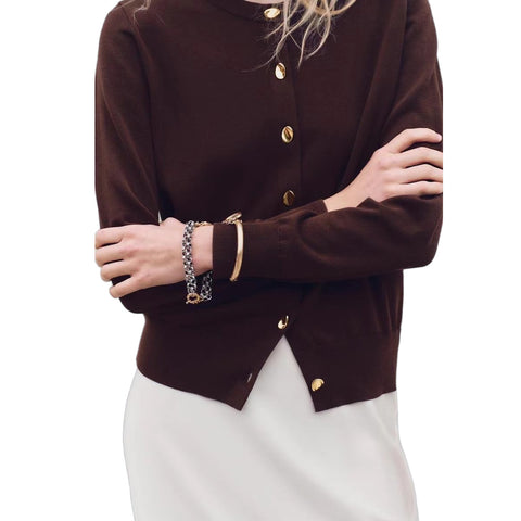 Sonicelife Women's Monochromatic Knitted Cardigan Deep Neck Gold Breasted Modified Plain Needle British Style Commuter Temperament Casual