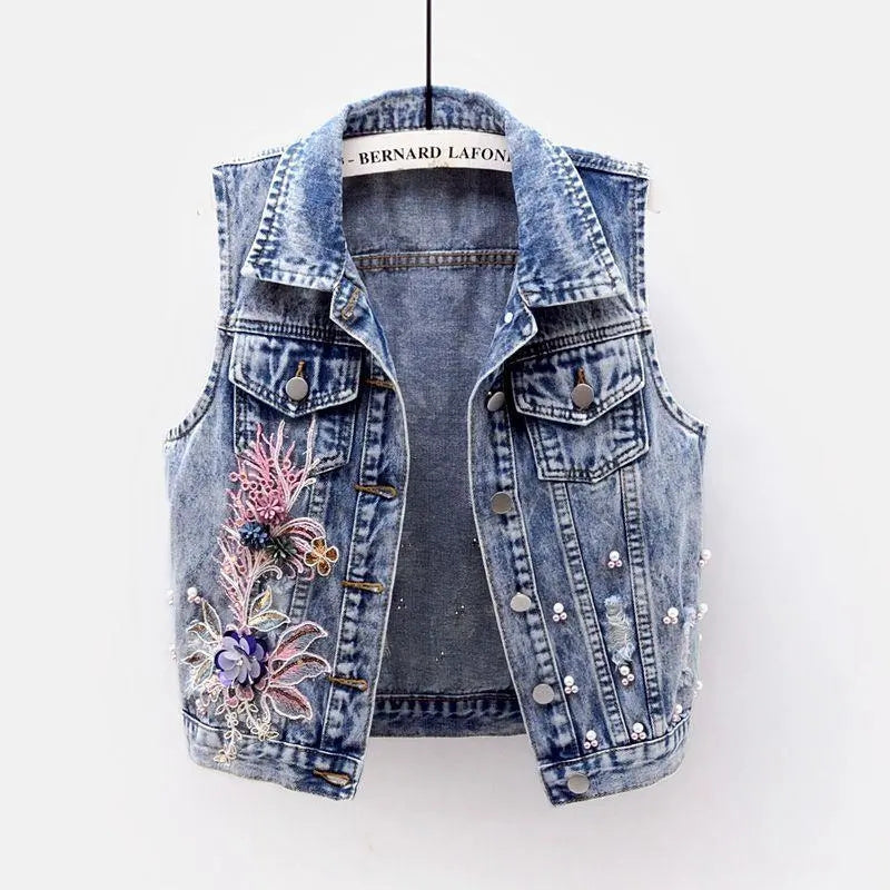 Sonicelife 2025 Denim Women Vest Pearl Fashion Ripped Autumn Jeans Jacket Sleeveless Loose Short Coat Streetwear Beaded Flower Denim Vest