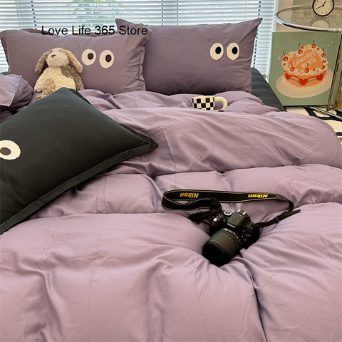 Sonicelife Ins Purple Black Big Eye Solid Color Bedding Set Girls Boys Double Size Flat Sheet Duvet Cover Pillowcase Bed Linen Home Textile