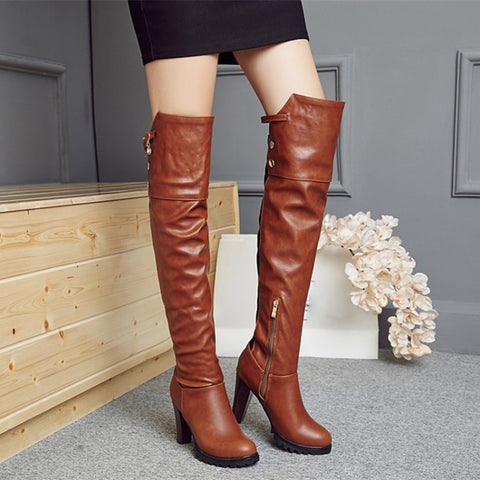 thanksgiving outfit Sonicelife Over-Knee High Boots Round Toe Block Heel TPU Outsole Charm Size 33-45 Mature Red S2675