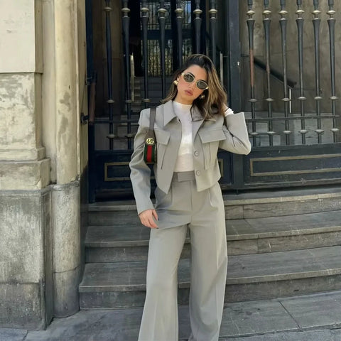 Sonicelife Spring Summer Casual Women Solid Suits Fashion Streetwear Pockets Turn-down Collar Short Jackets+Chic Wide leg pants