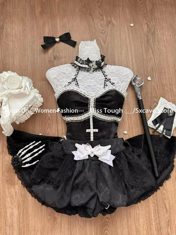 Sonicelife Women Lace Top + Blakc Cake Mini Skirt + Sleeve Cosplay Vintage Clothing Black Gothic Lolita Suits Y2k Halloween 2 Piece Set