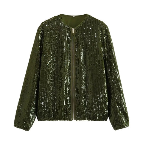 christmas outfit Sonicelife Fashion Sequins Bomber Jackets for Women 2025 Chic Female Casual Jacket Coats Ladies O-Neck Long Sleeve New Outerwear