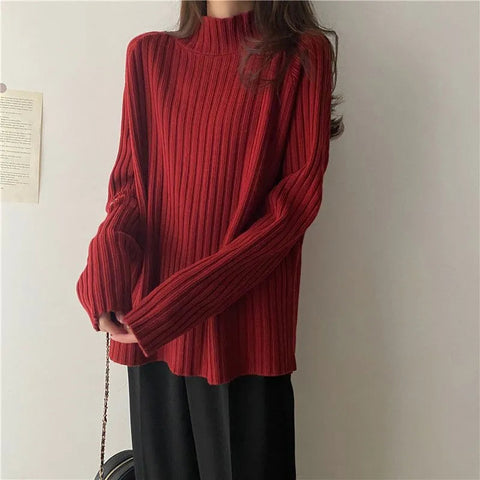 Black Friday Sonicelife Turtleneck Knitted Sweater Women Autumn Winter Fashion Loose Long Sleeve All Match Pullover Sweaters Solid Office Lady Jumper