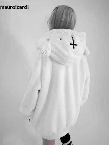 christmas outfit Sonicelife Winter Cool Oversized Warm Thick Soft Faux Fur Coat Hoodie Women with Bear Ears Punk Style Fluffy Jacket Streetwear