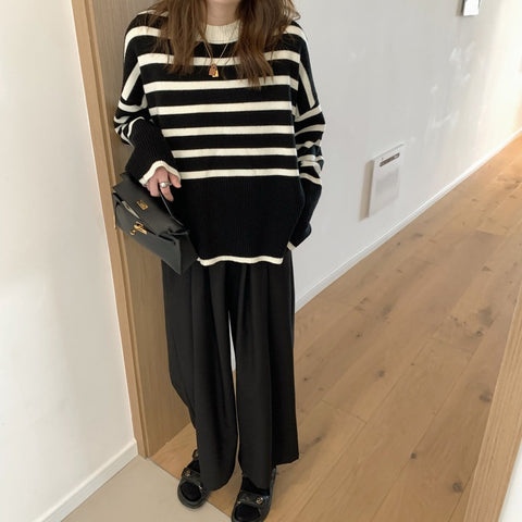 Black Friday Sonicelife Korean Striped Sweater Women Loose Side Split Chic O-Neck Knit Pullover Pretty Style Casual Fall Winter Lazy Vintage Jumpers