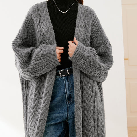 Sonicelife Outerwear Winter Fall Loose Thickened Warm Long Cardigan Coat Streetwear Coat Solid Long Sleeve Knit Sweater Coat Rib
