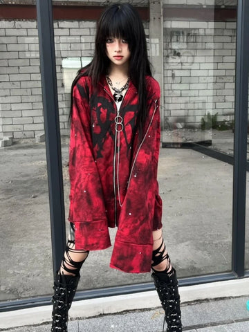 Sonicelife 2025 Y2k Aesthetic Printing Punk Hoodies Women Grunge Loose Pocket Oversized Hooded Hoody Harajuku Streetwear Zipper Sweatshirts