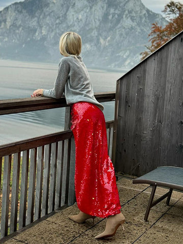 Sonicelife Fashion Red Sequins Skirt For Women Solid Long High Waist Skirt 2025 New Year Christmas Lady Street New Dress