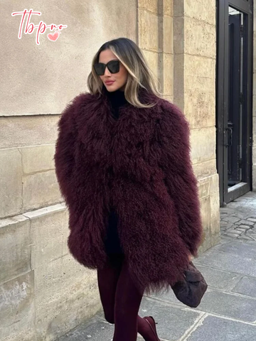 christmas outfit Sonicelife Women's Fashion Wine Red Furry Faux Fur Warm Coat 2024 New Thicken Fluffy Plush Loose Trendy Jacket Winter Chic Lady Outerwear