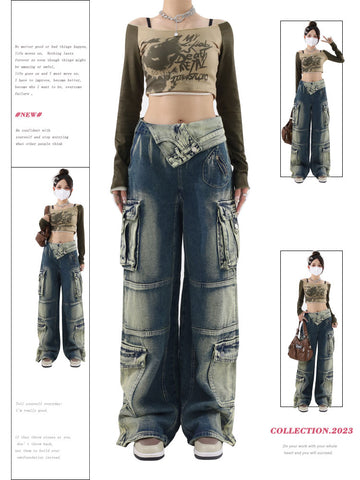 christmas outfit Sonicelife Women's Wide Cargo Jeans Fashion 90s Aesthetic High Waist Denim Trousers Harajuku Korean Baggy Jeans Pants Grunge 2000s Clothes