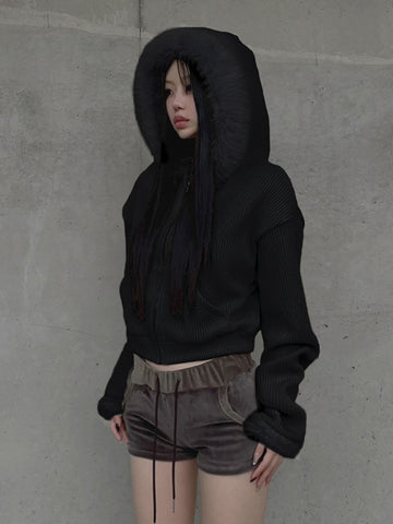 Sonicelife Y2k Winter Warm Corduroy Coats Women Mall Gothic Streetwear Hipster Grunge Emo Alt Long Sleeve Hooded Crop Jackets Femme