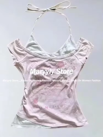 Sonicelife Summer Retro Fake Two-piece Printed T-shirt Women Y2K Streetwear Hot Girl Sexy Slim Off Shoulder Millennium Harajuku Casual Tops