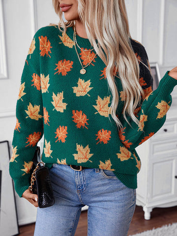 christmas outfit Sonicelife Long Sleeves Loose Contrast Color Jacquard Knitted Leaves Split-Joint Round-Neck Pullovers Sweater Tops