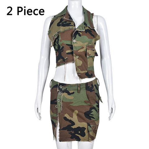 Sonicelife 2 Piece Women Camouflage Skirts Sets Bandage Halter Backless Crop Tops Single Breasted Split Camo Skirts Two Piece Cargo Outfits