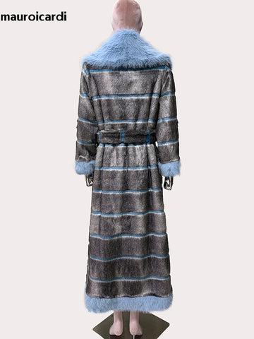 christmas outfit Sonicelife Autumn Winter Extra Long Striped Thick Warm Faux Fur Coat Women with Fur Trim Elegant Luxury Maxi Furry Overcoat