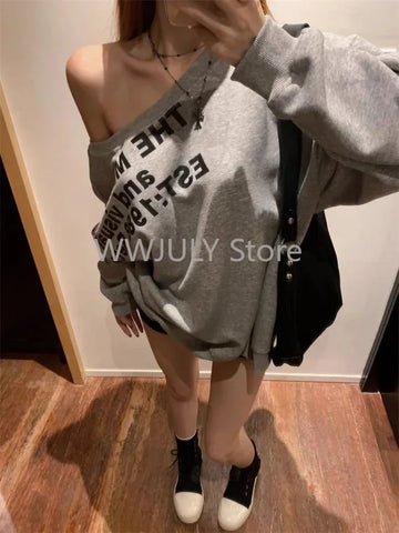 Sonicelife Woman American Vinrage Grey Street Sweatshirt Y2k Letter Printing Long Sleeve Casual Warm Oversize Baggy Ladeies Tops Autumn