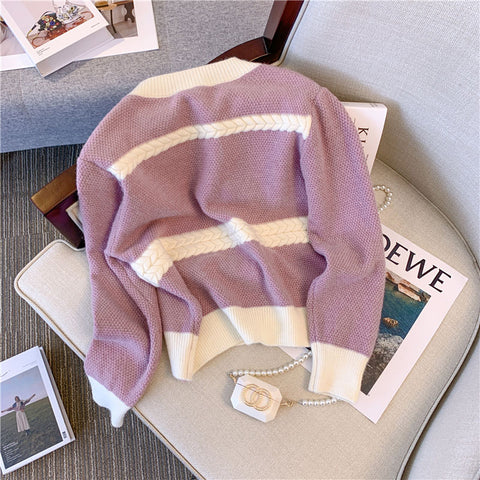 Sonicelife Elegant Buttons Purple Cardigan Sweaters Women Casual Lazy Wind Soft Sweet Knitted Coats Fashion Patchwork Lady O Neck Tops
