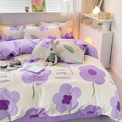 Sonicelife Korean Pink Rose Duvet Cover Set Soft Green Flat Sheet Quilt Cover Pillowcase Bed Linen Twin Queen Full Size Floral Bedding Set